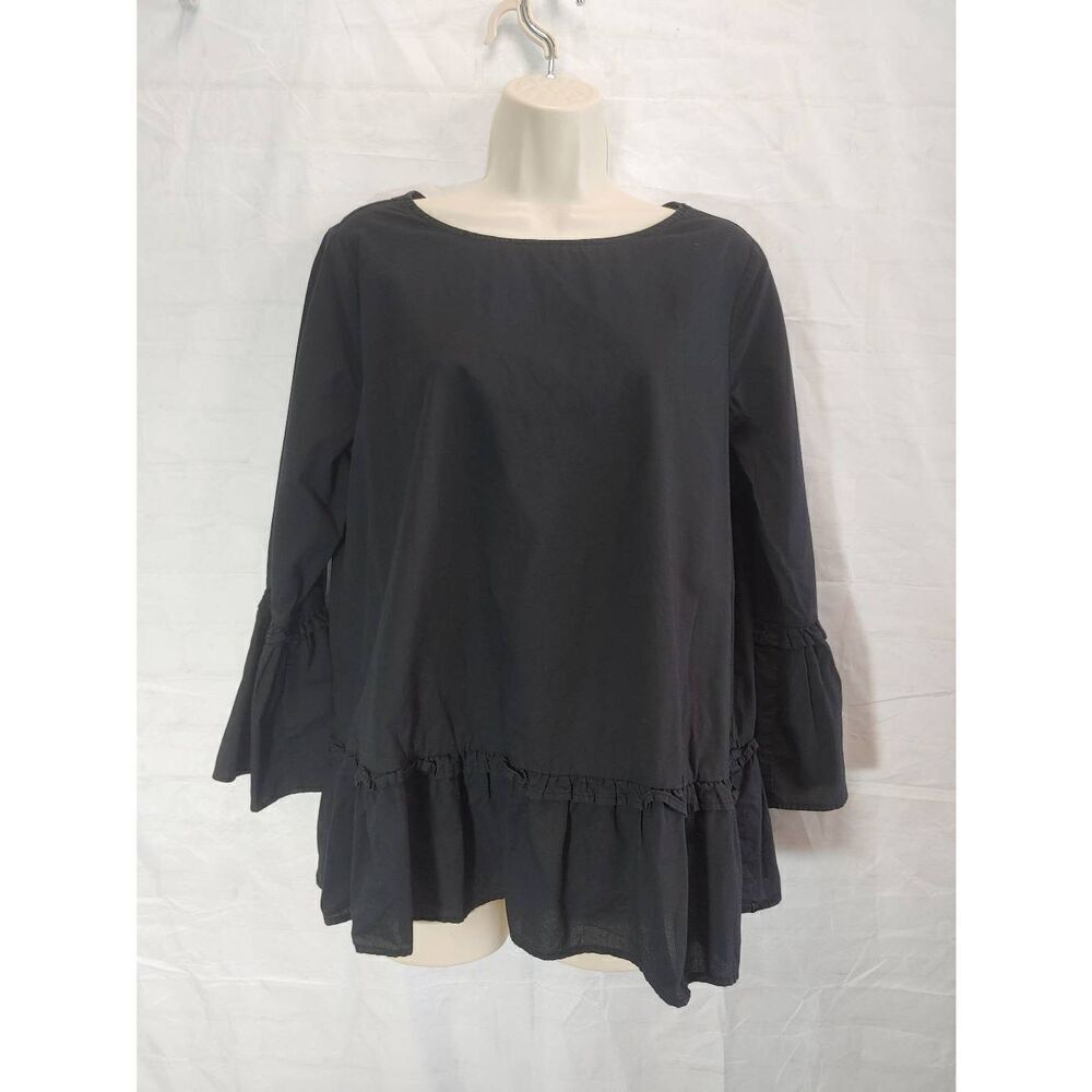 DG2 by Diane Gilman Women's Size Medium Black Ruffled Trim Blouse